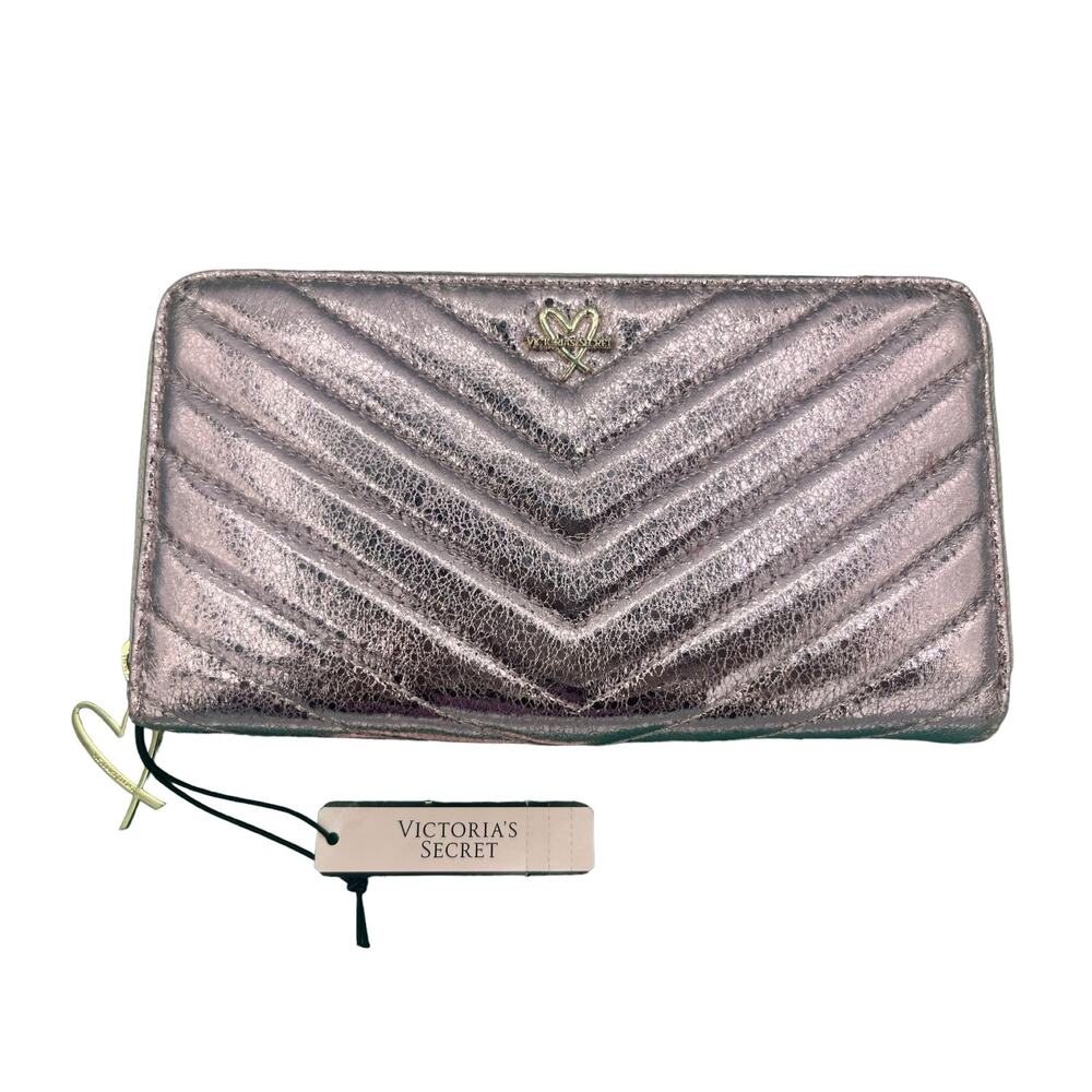 VICTORIA'S SECRET PINK METALLIC V QUILT WALLET CLUTCH LARGE GOLD ZIPPERED
